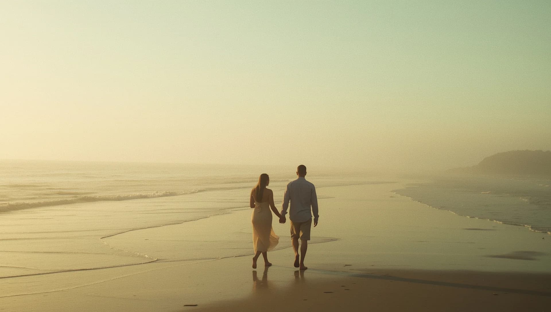 Couple walking along the shoreline at sunset, breathing fresh air