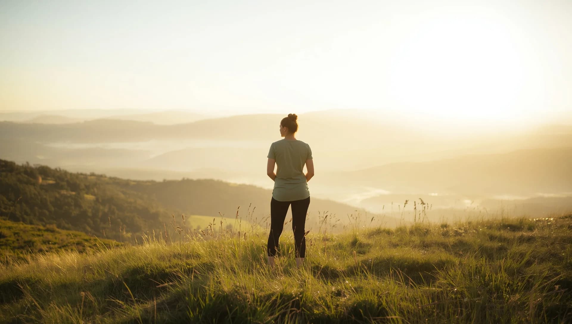 Person standing confidently and breathing in fresh air at sunrise